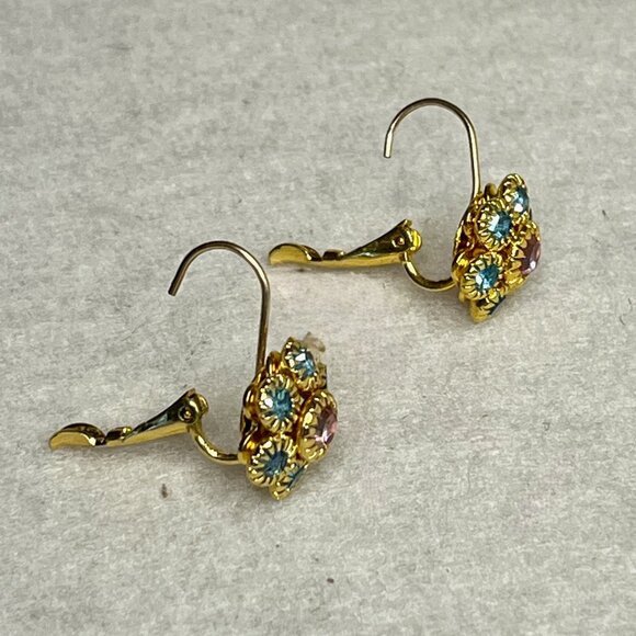 Joan Rivers Earrings * Gold Tone w/ Blue & Pink Rhinestones * Vintage * Pierced - Picture 6 of 7